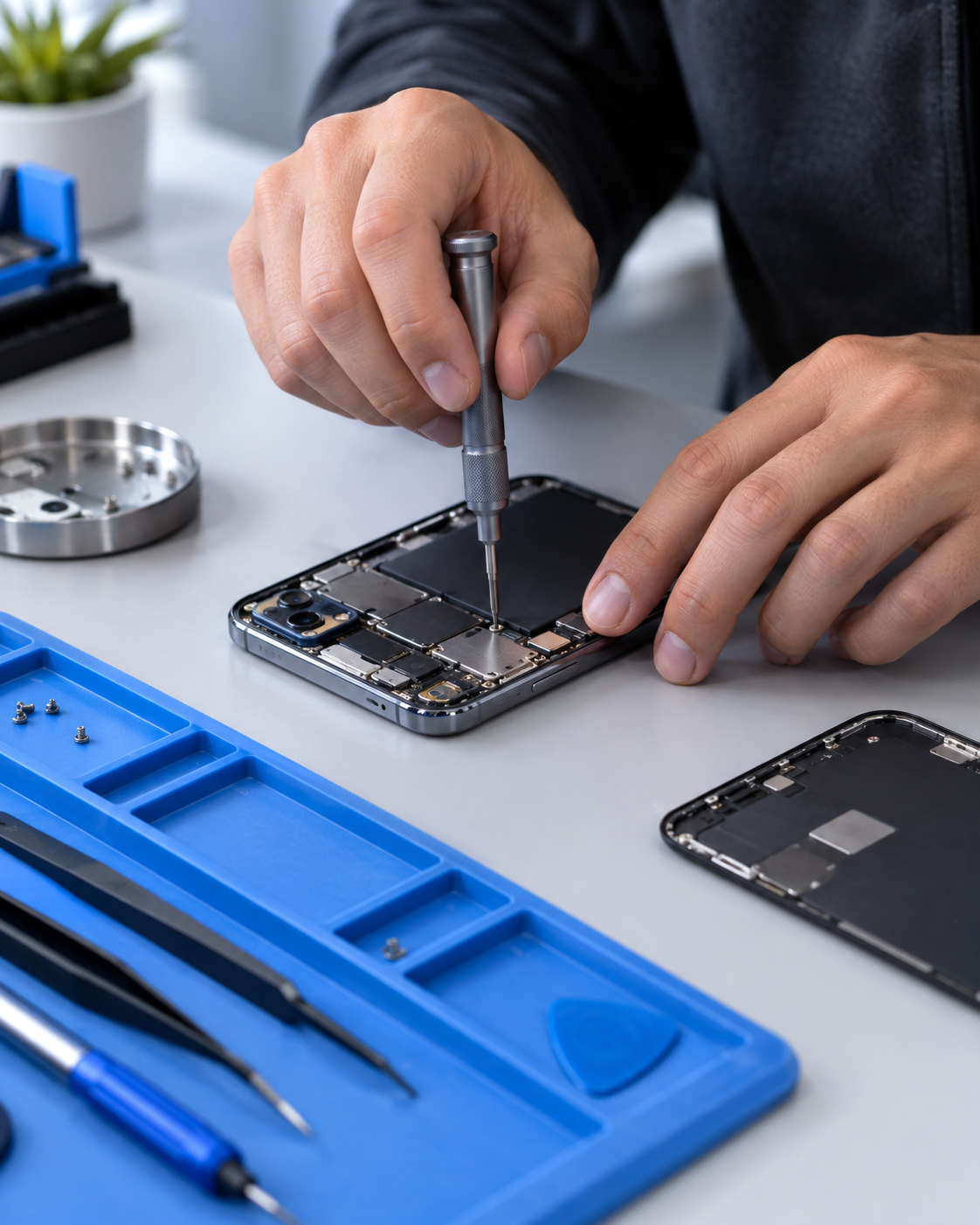 Manos de un técnico trabajando cuidadosamente en un teléfono sobre una mesa de reparación